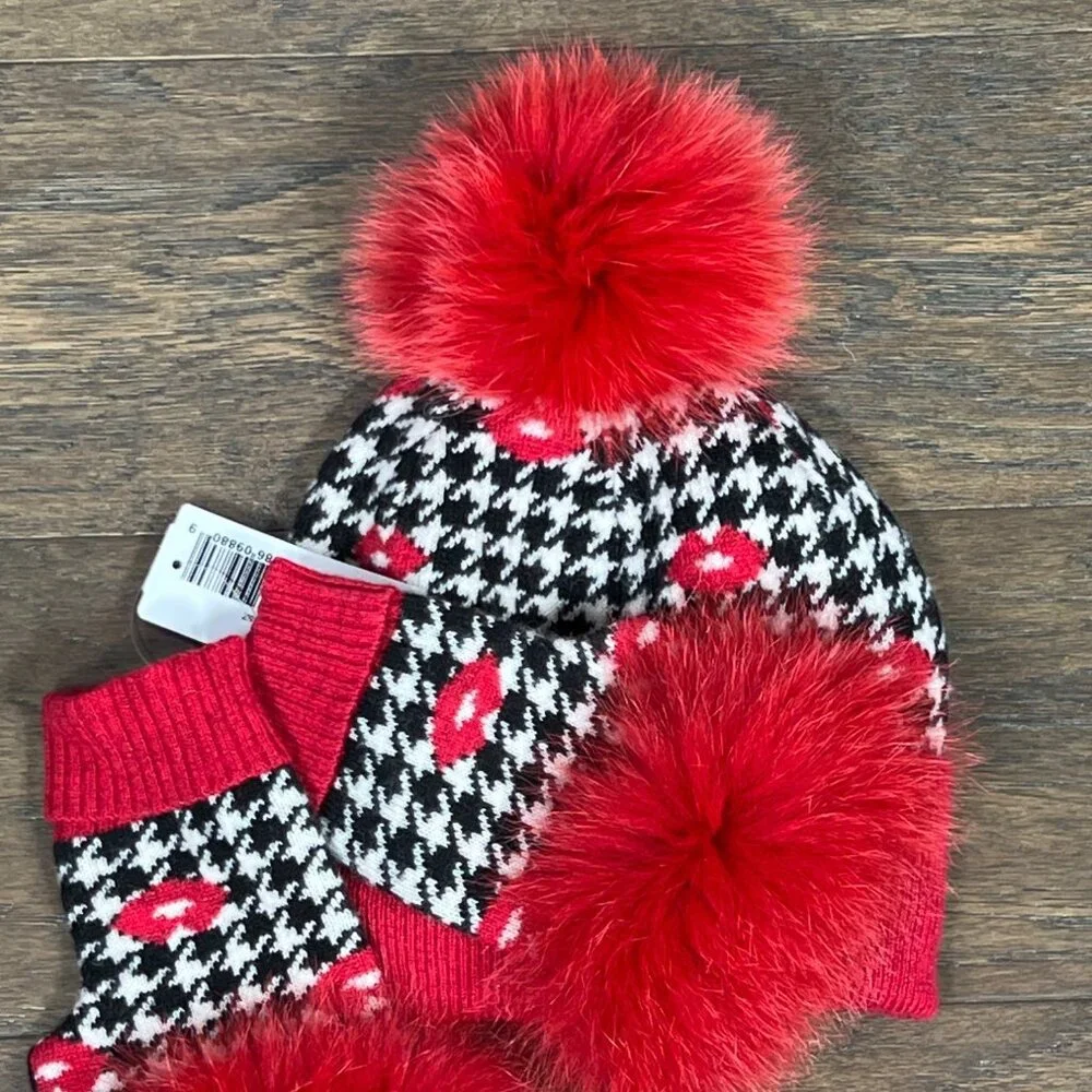 MITCHIE'S MATCHINGS Knit Hat & Fingerless Mitten Set in Red Lips Houndstooth NWT